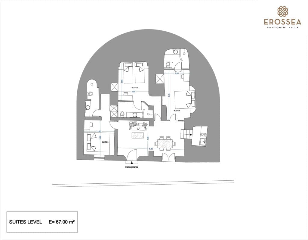 Floor plan of Erossea Santorini Villa showcasing the suites level with detailed layout of Suite 1, Suite 2, Suite 3, living area, dining area, and amenities for a luxurious stay.
